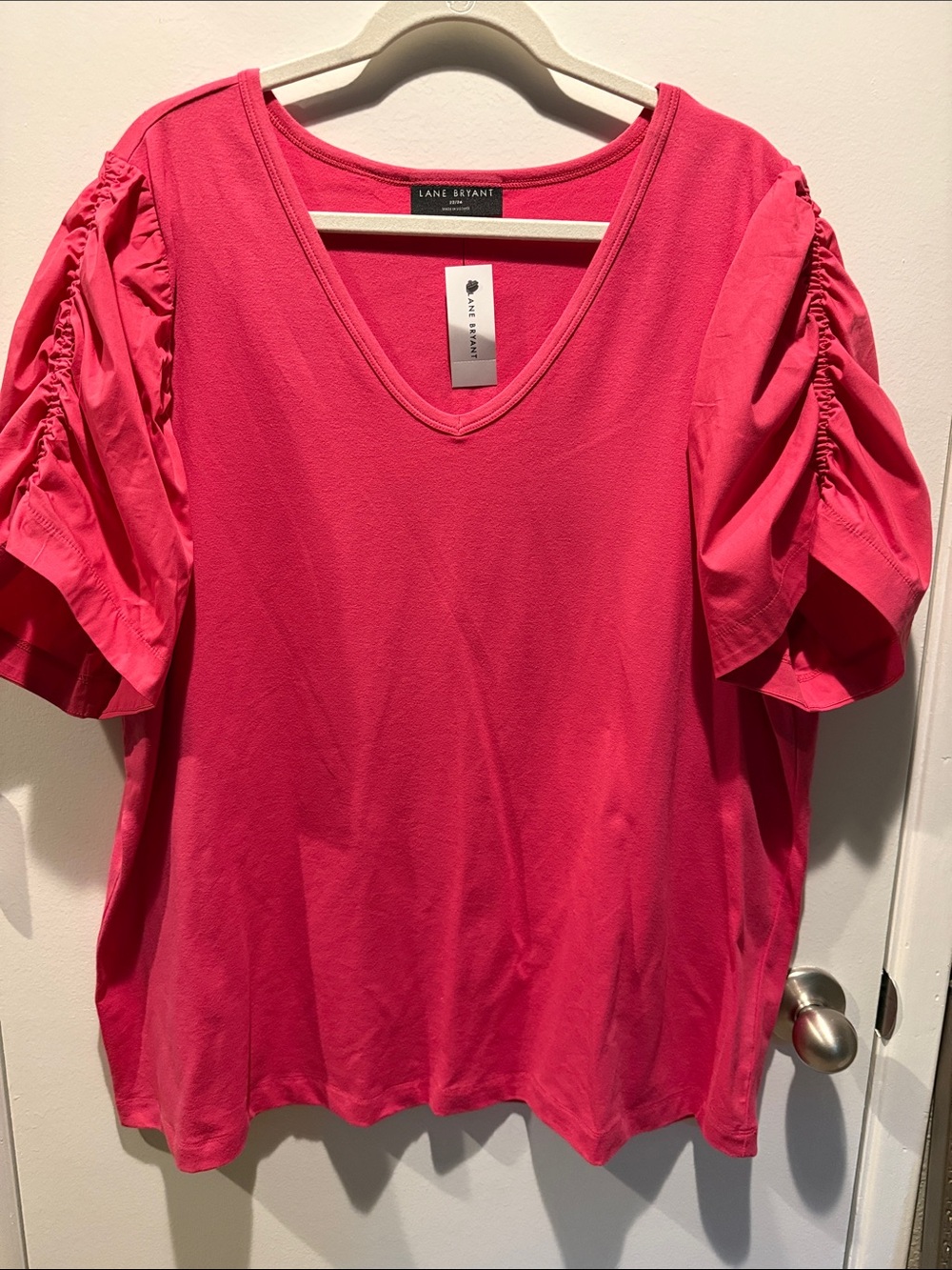 Lane Bryant Raspberry Pink V-Neck Puff Sleeve Tee